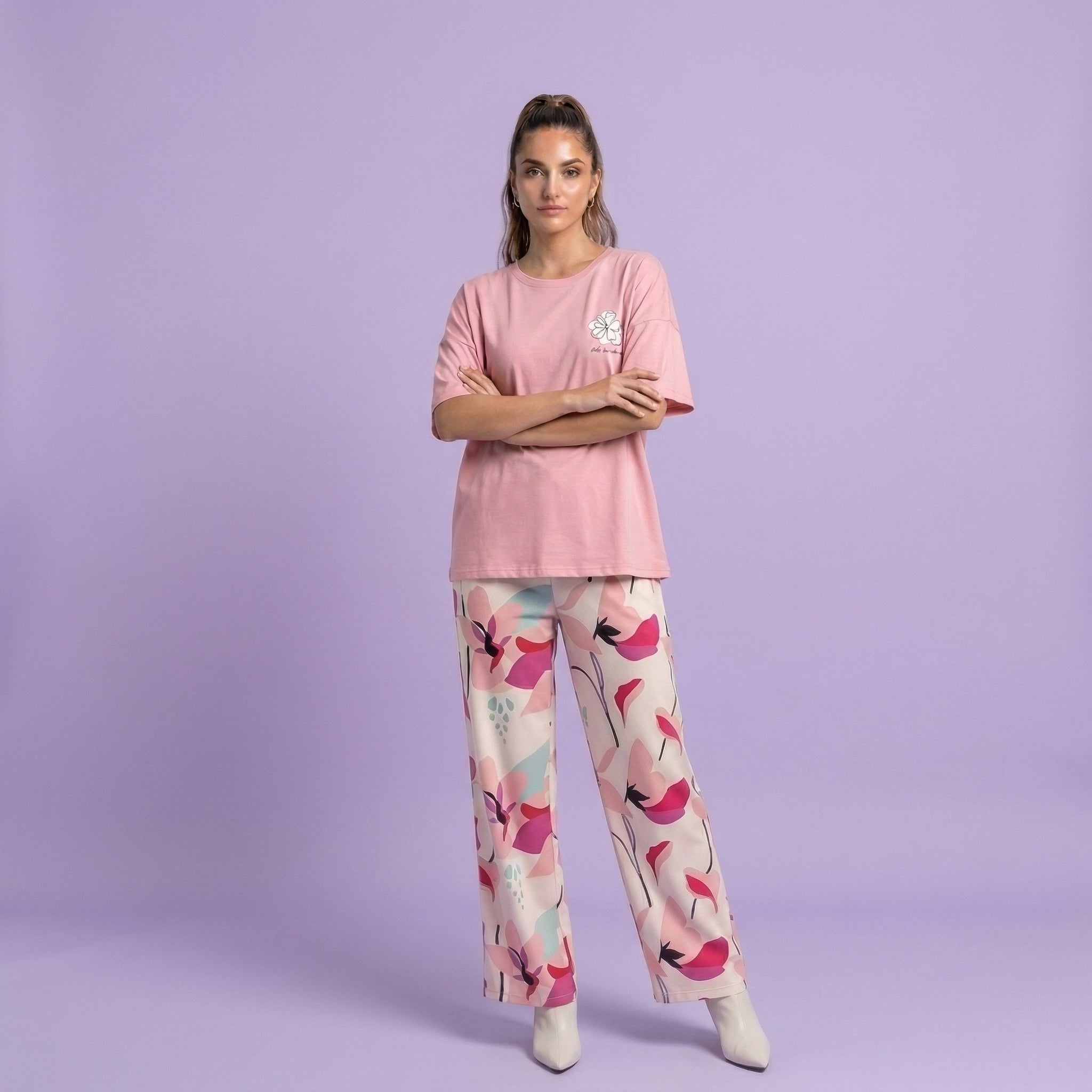 Long Leaf Print Cotton Nightwear Set