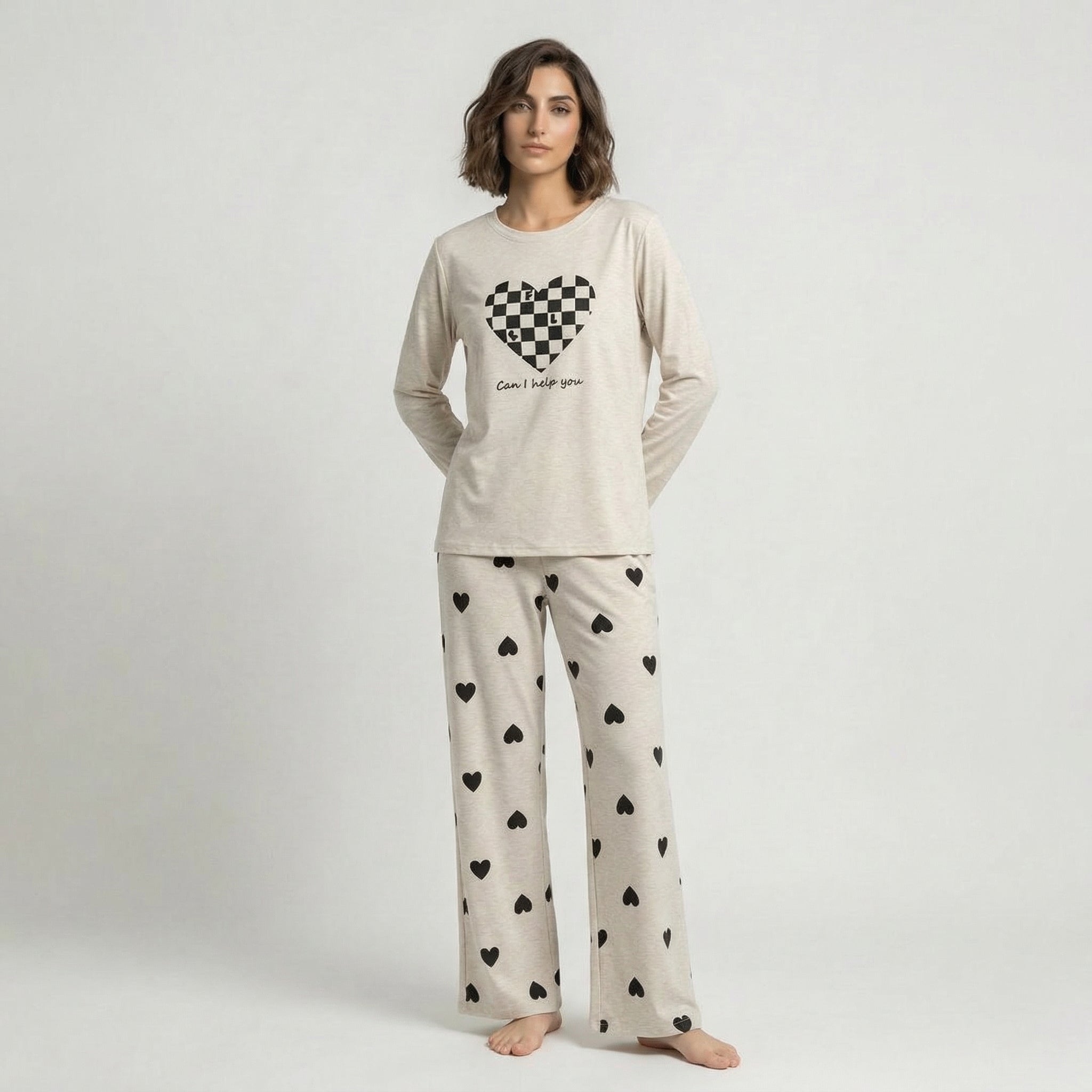 Grey Puzzle Heart Print  Nightwear Set