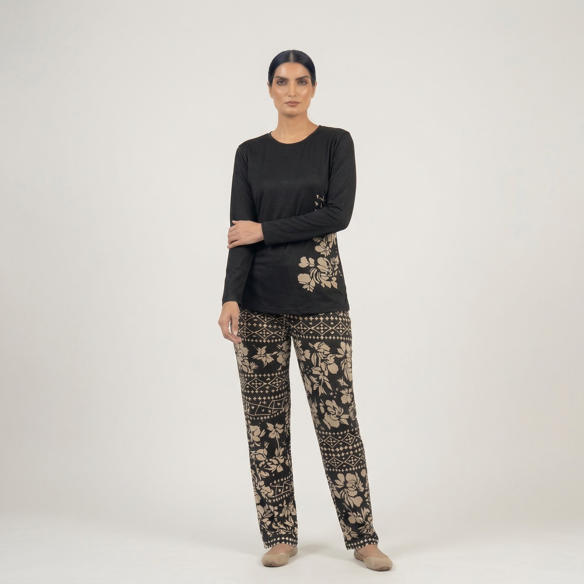 Black Leaves Printed Night Suit