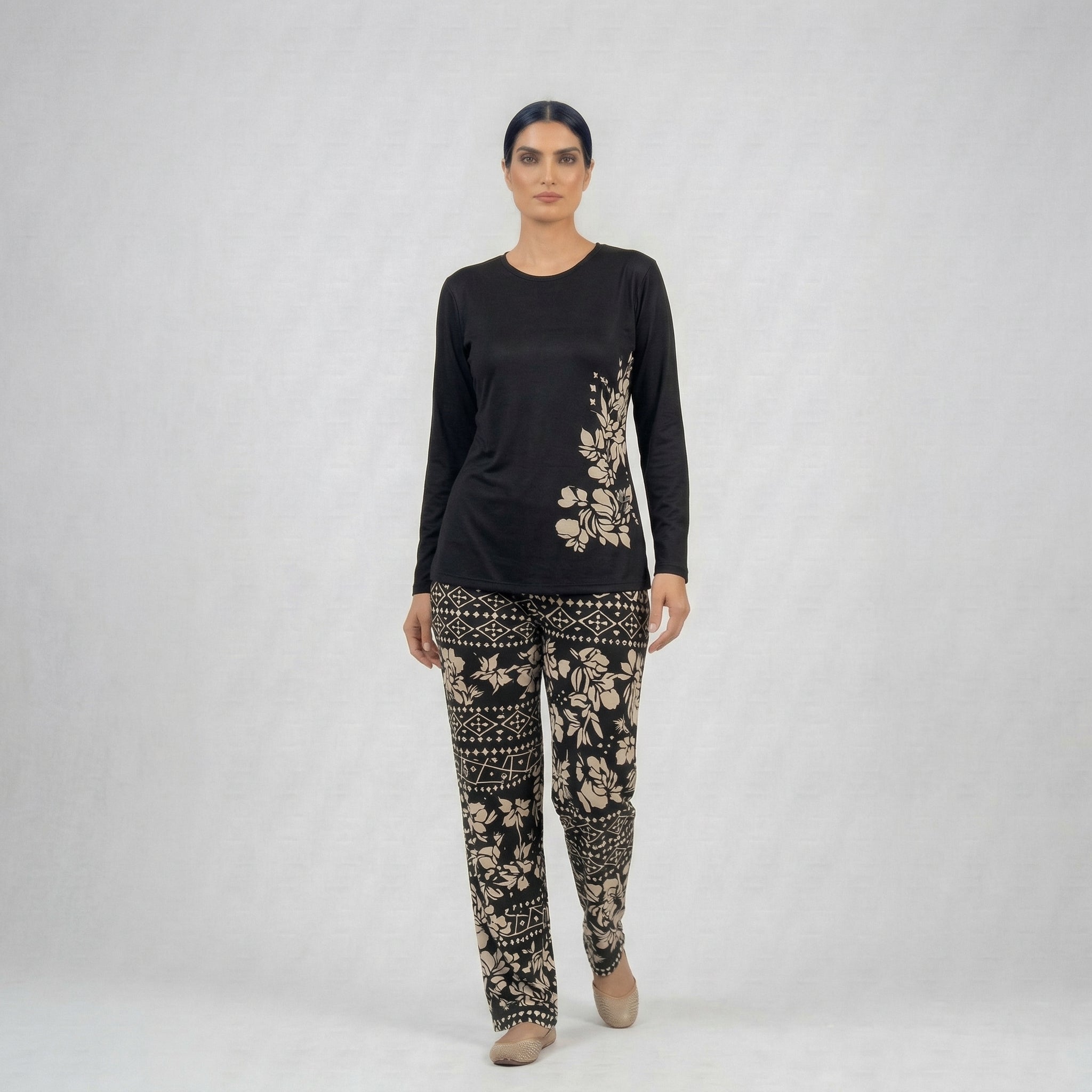 Black Leaves Printed Night Suit