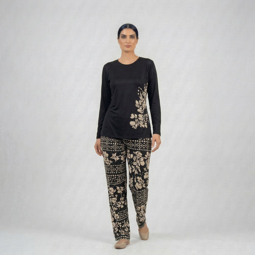 Black Leaves Printed Night Suit