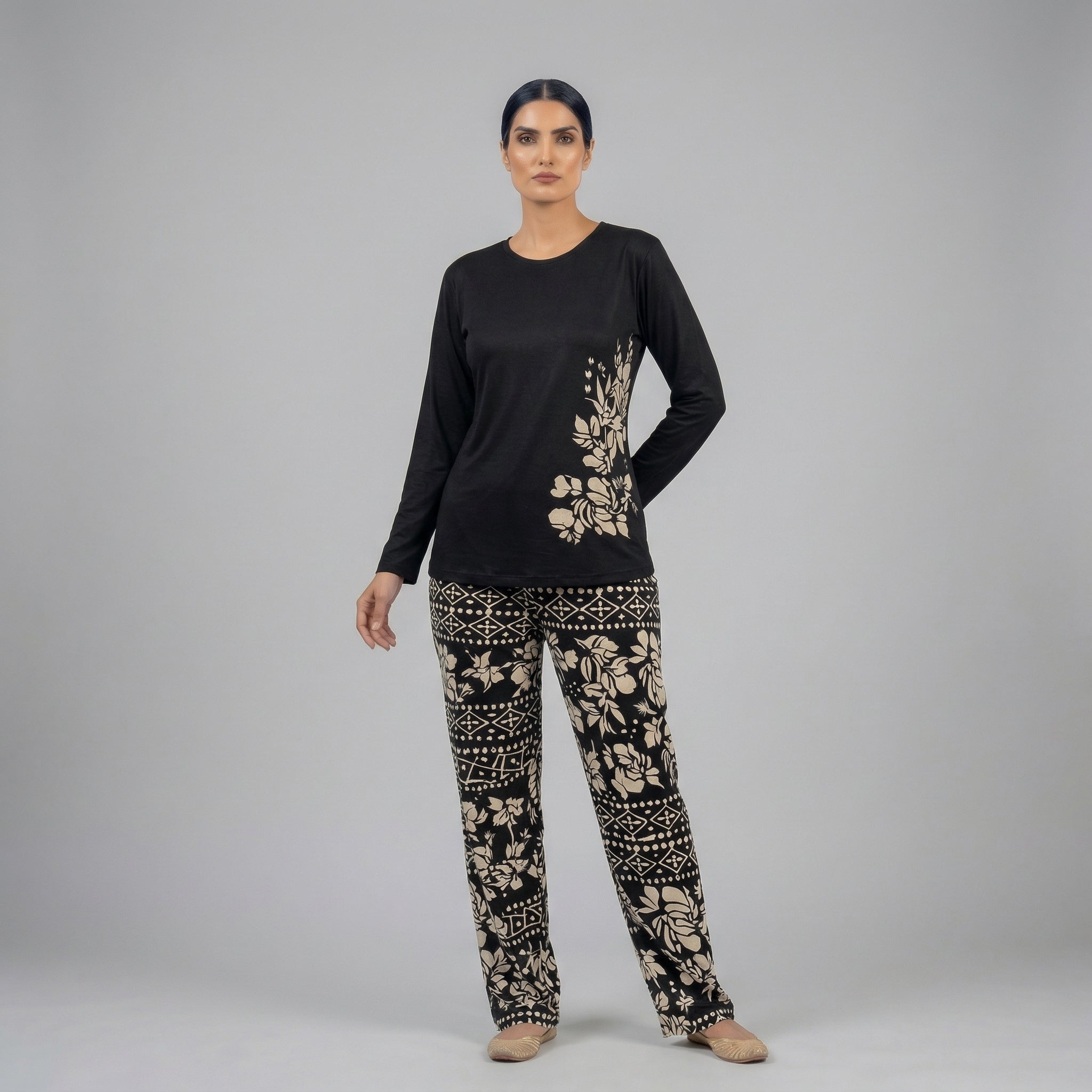 Black Leaves Printed Night Suit