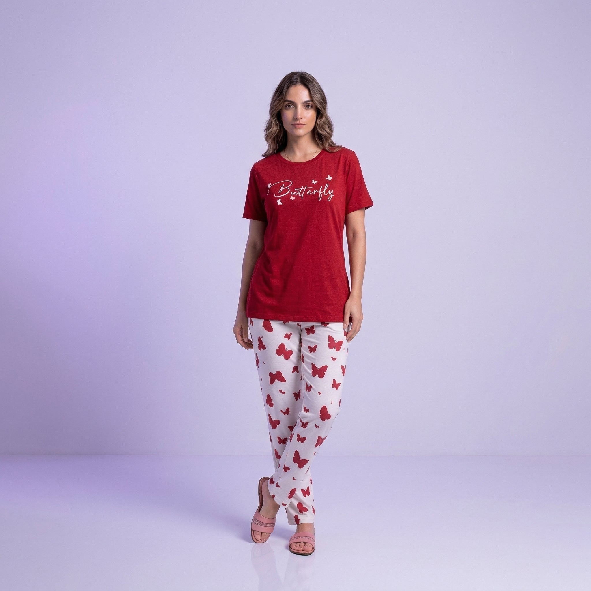 Maroon Small Butterfly Print Nightwear