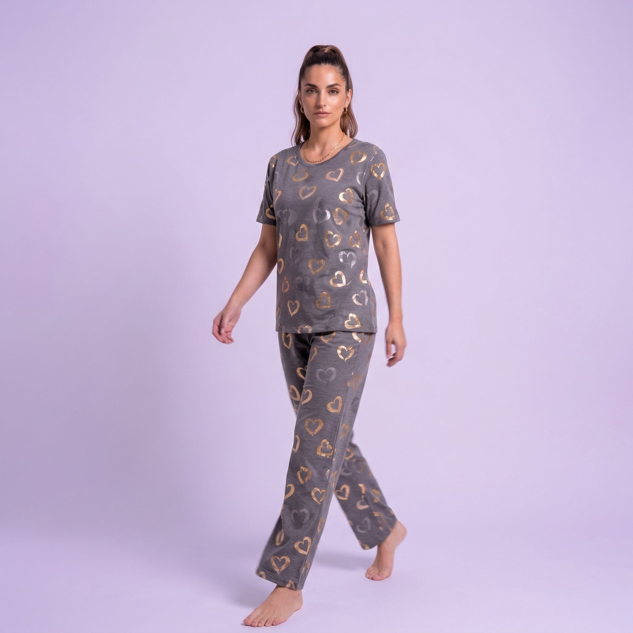 Grey Heart Printed Night Suit