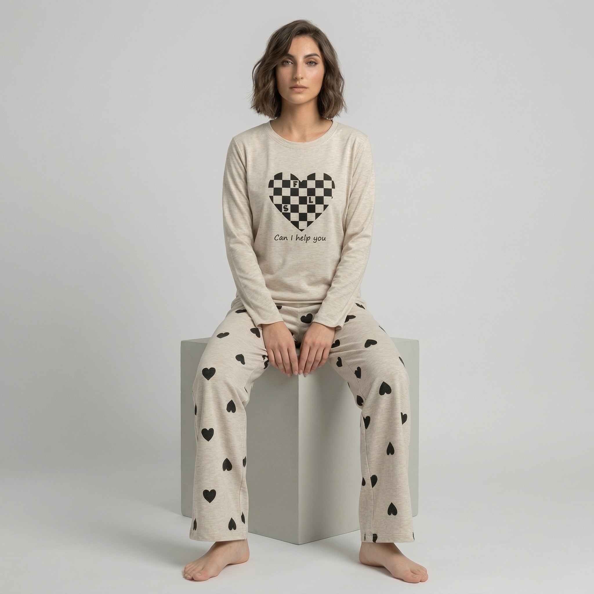 Grey Puzzle Heart Print  Nightwear Set