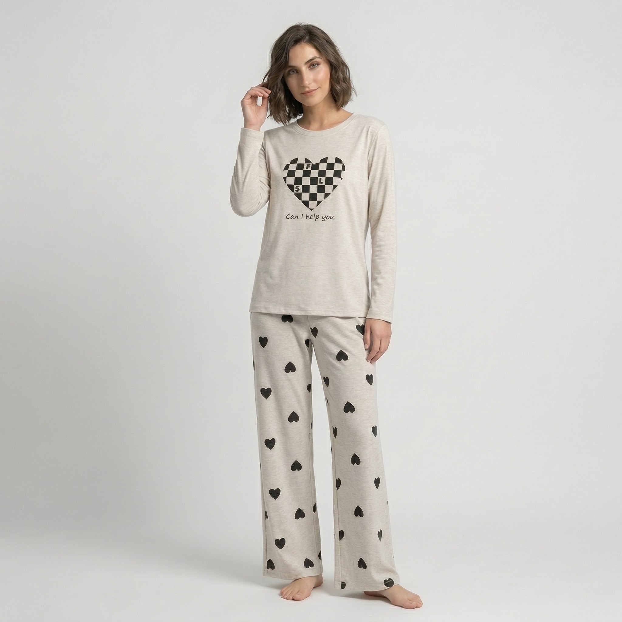 Grey Puzzle Heart Print  Nightwear Set