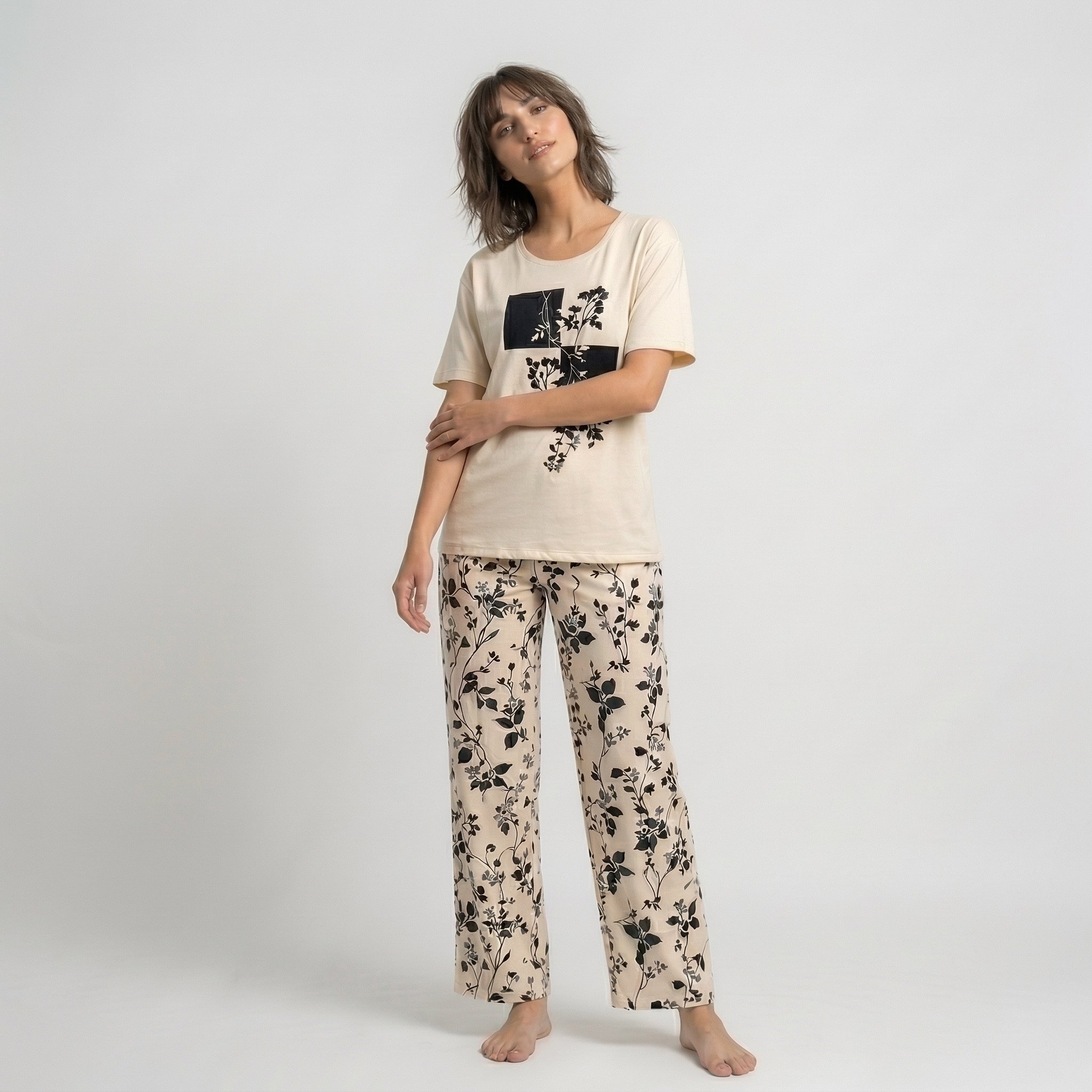 Cream Leaf Printed Night Suit