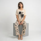 Cream Leaf Printed Night Suit