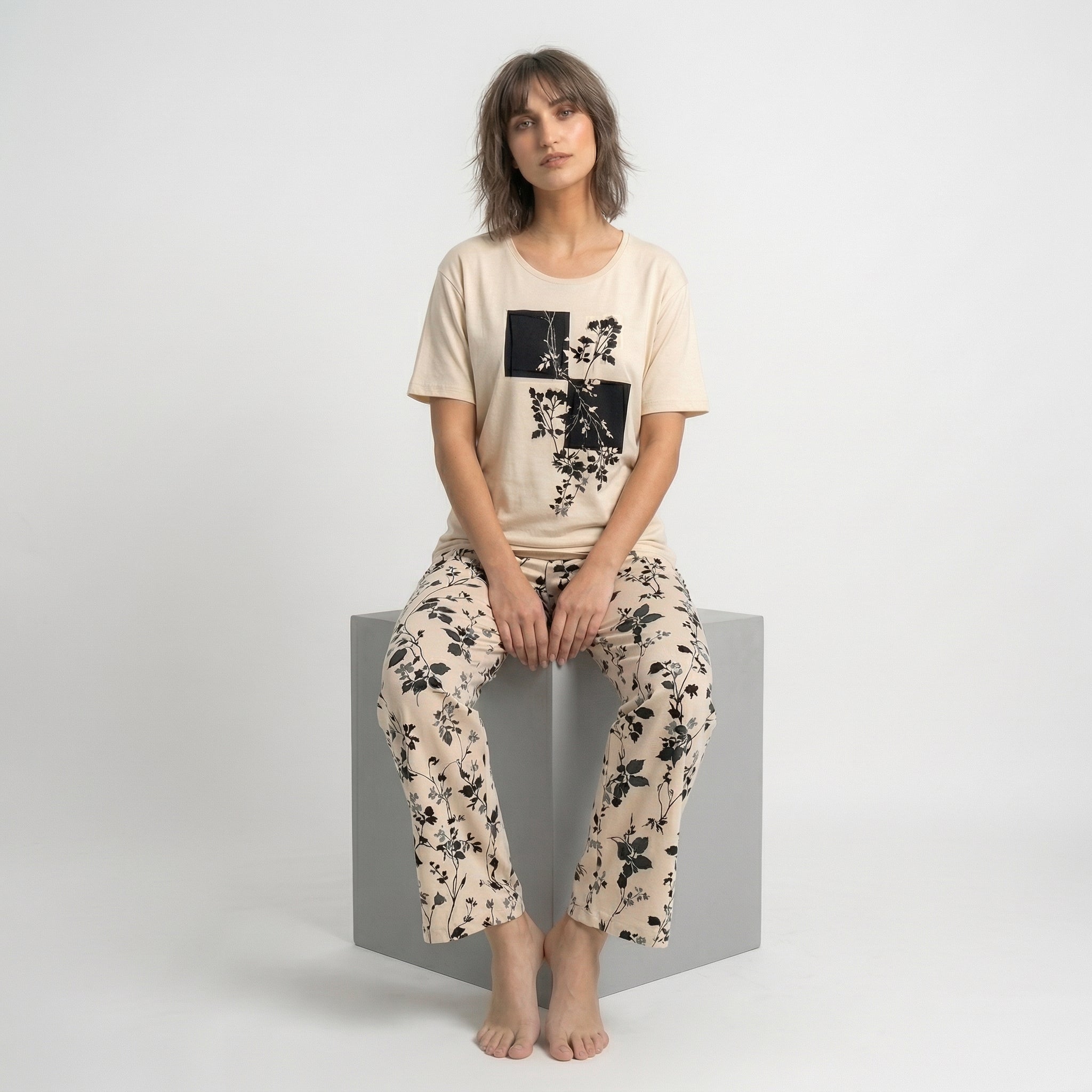 Cream Leaf Printed Night Suit