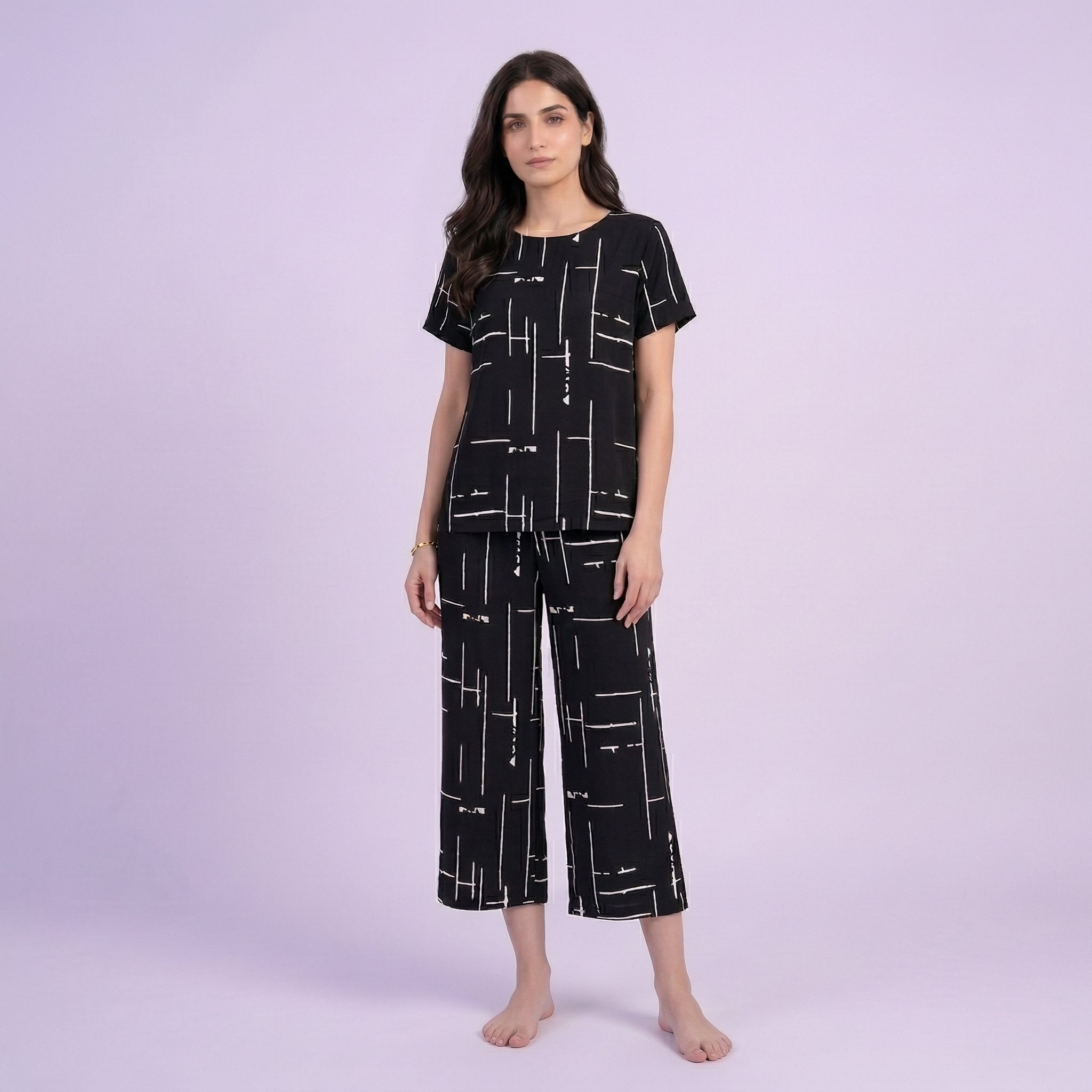 Black Cotton Printed Capri Night Suit
