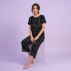 Black Cotton Printed Capri Night Suit