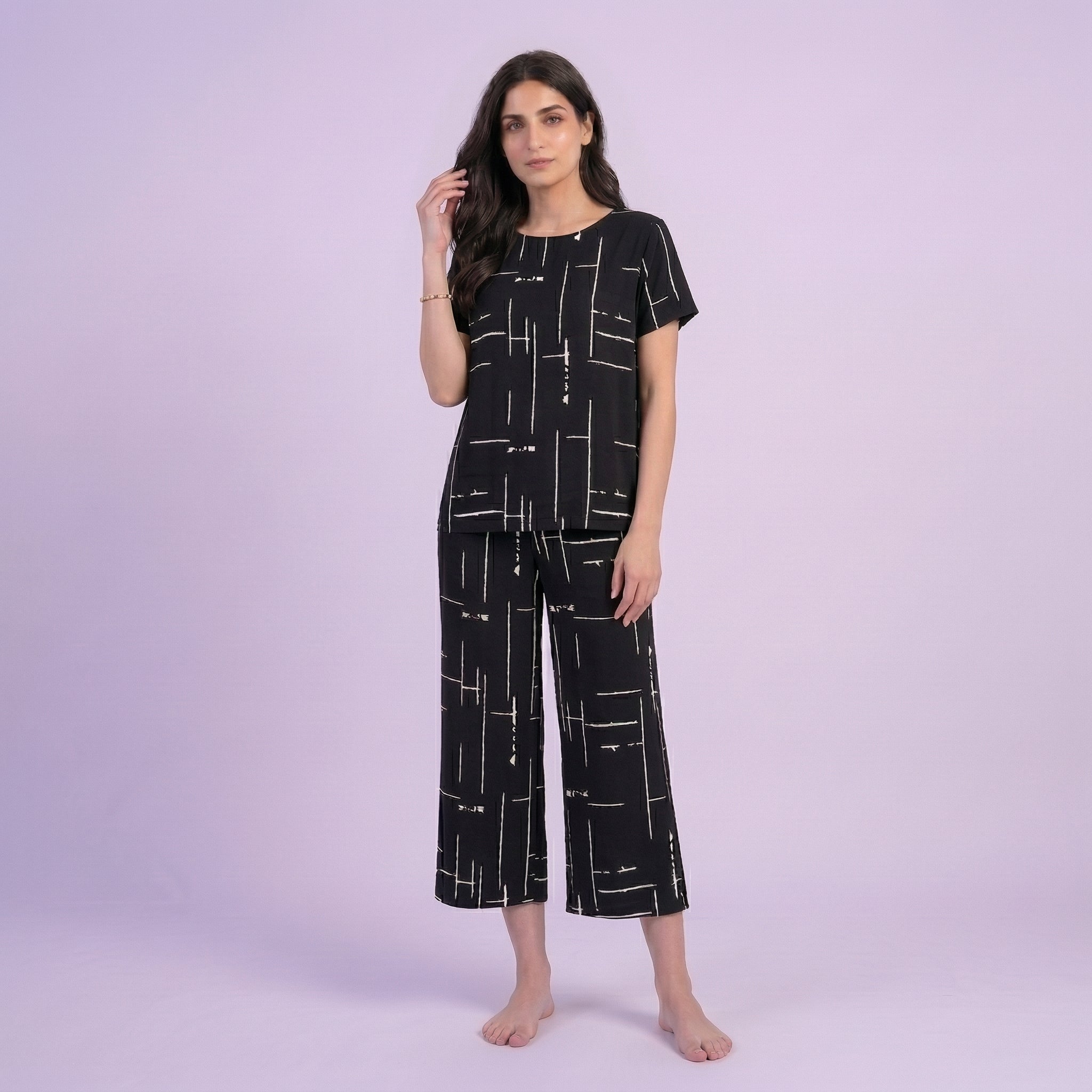 Black Cotton Printed Capri Night Suit