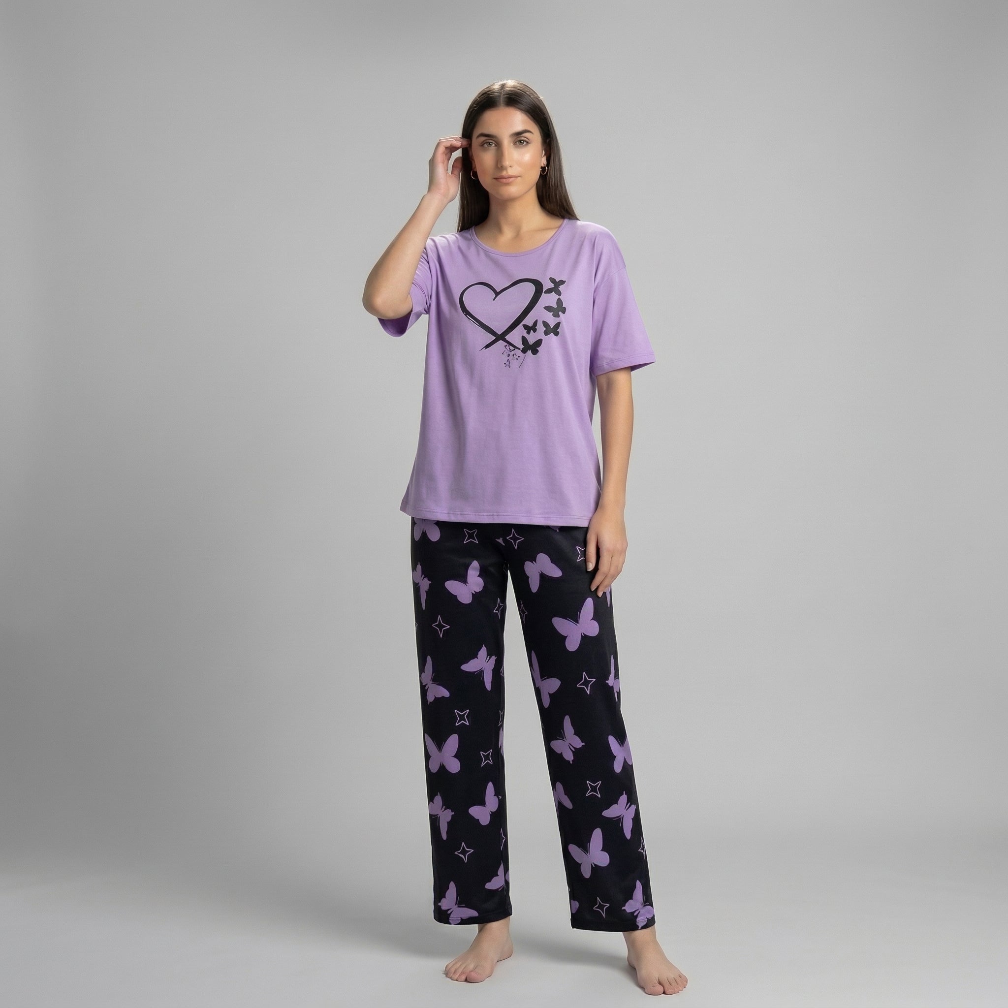 Heart & Butterfly Print Cotton Nightwear Set