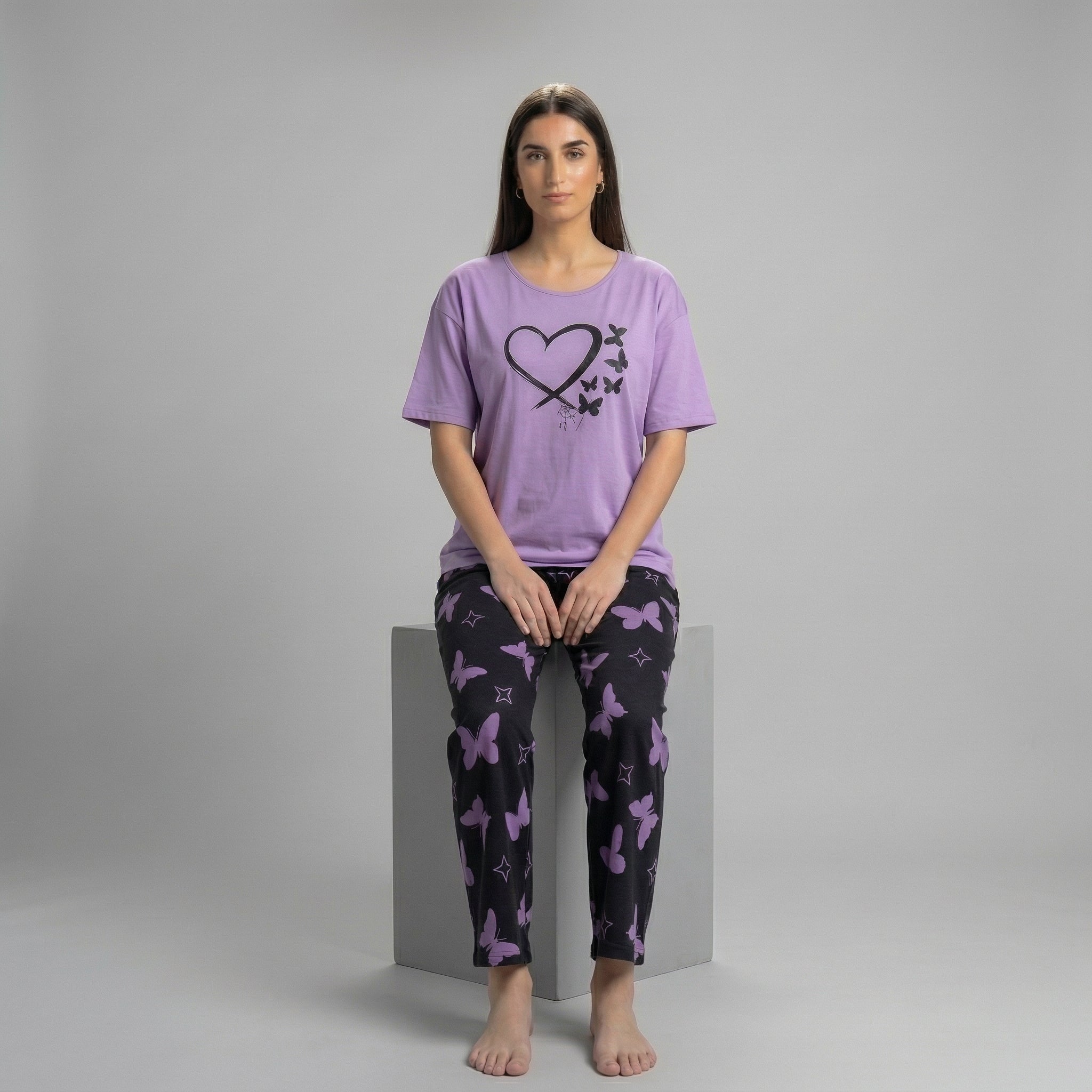 Heart & Butterfly Print Cotton Nightwear Set