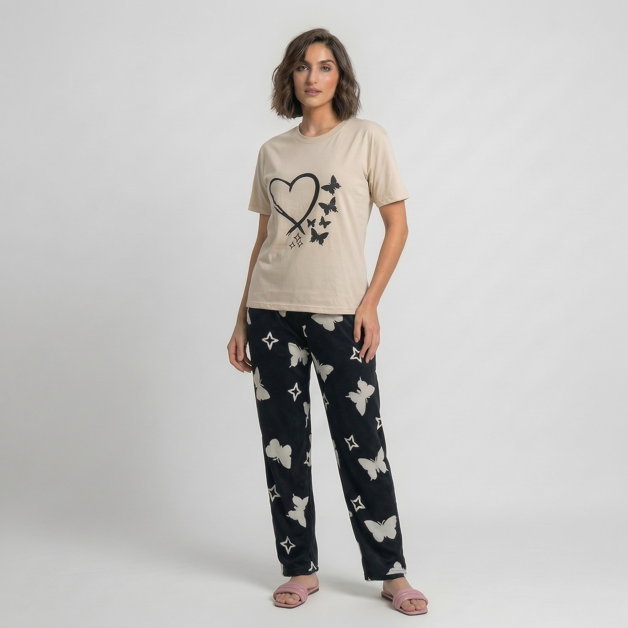 Heart Butterfly Print Cotton Nightwear Set