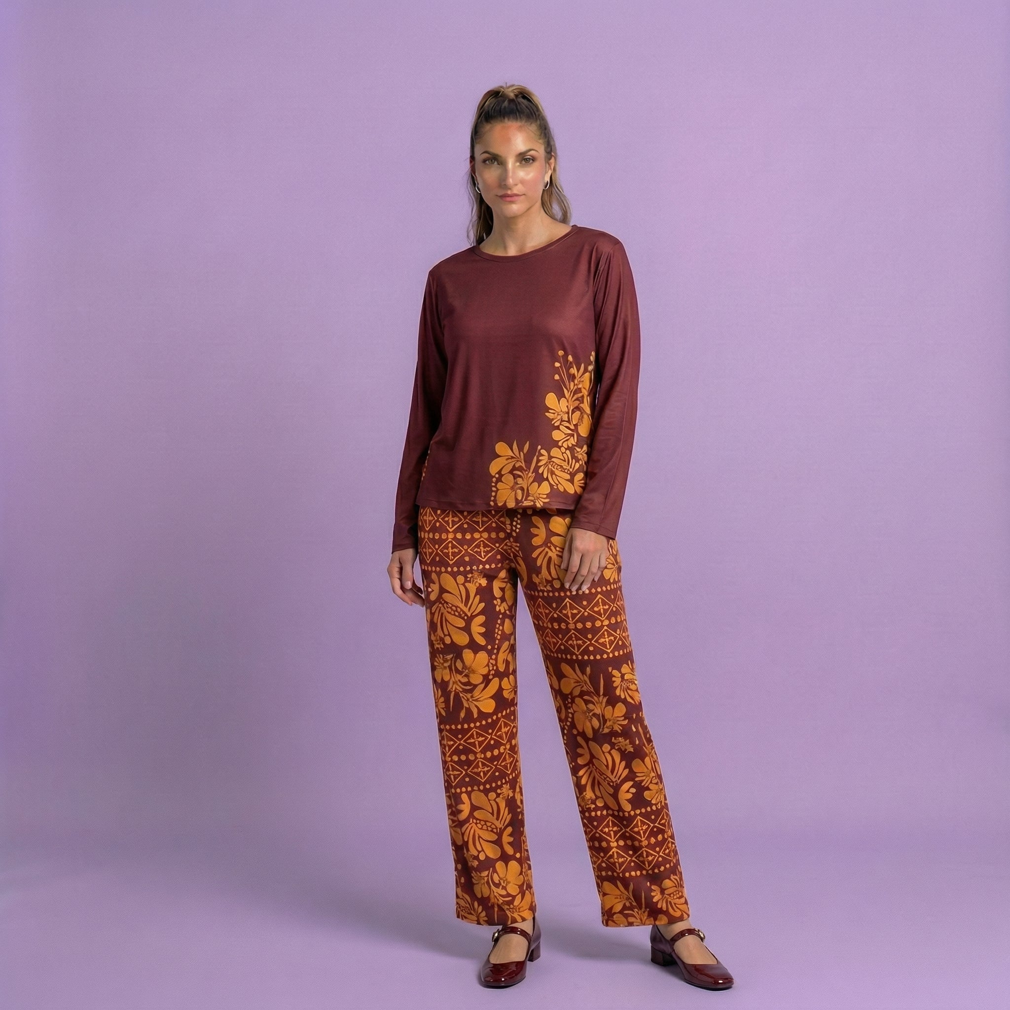 Maroon Leaf Print Cotton Nightwear Set