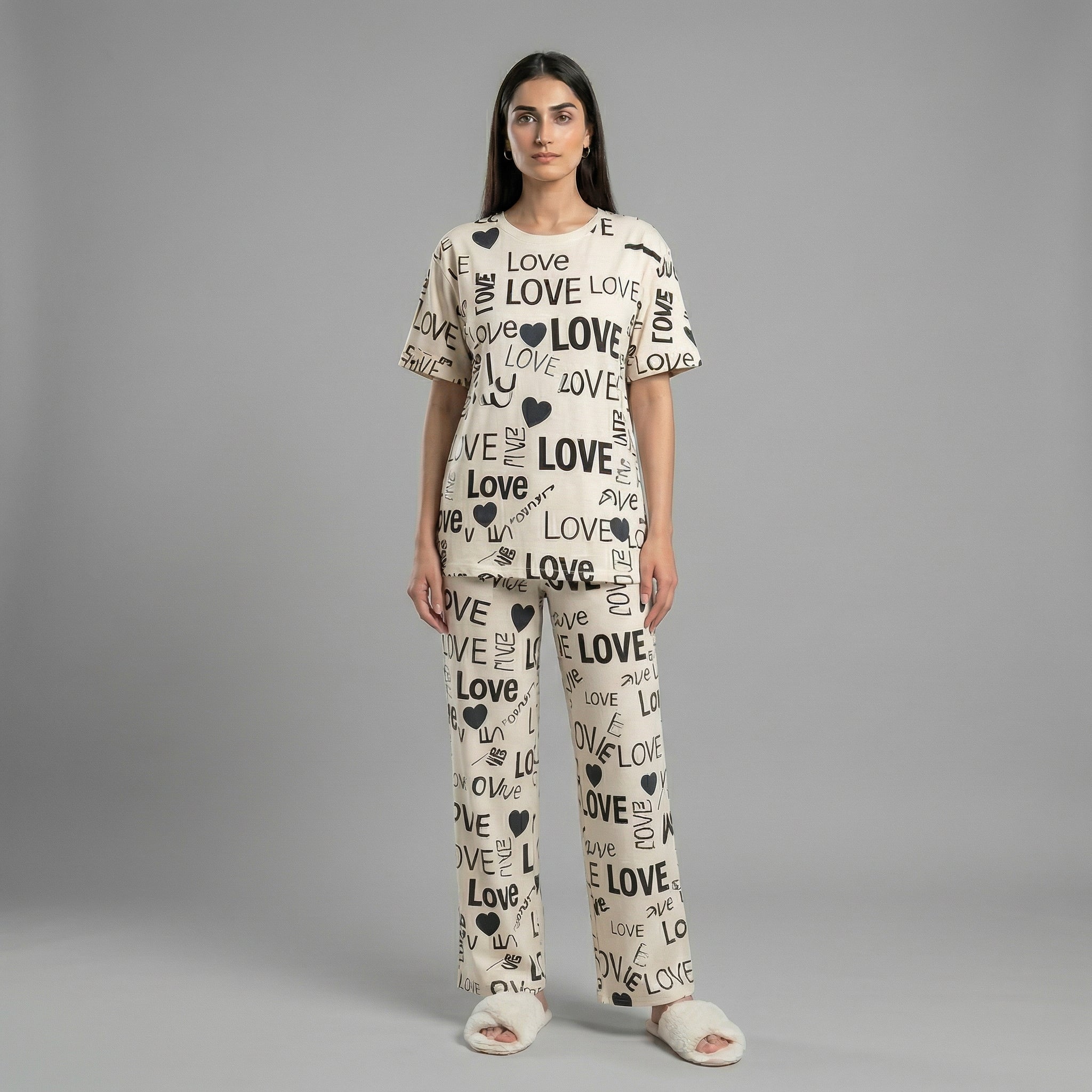 Love Print Drop Shoulder Cotton Nightwear Se