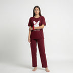Maroon Stay Cute Print Nightwear Set