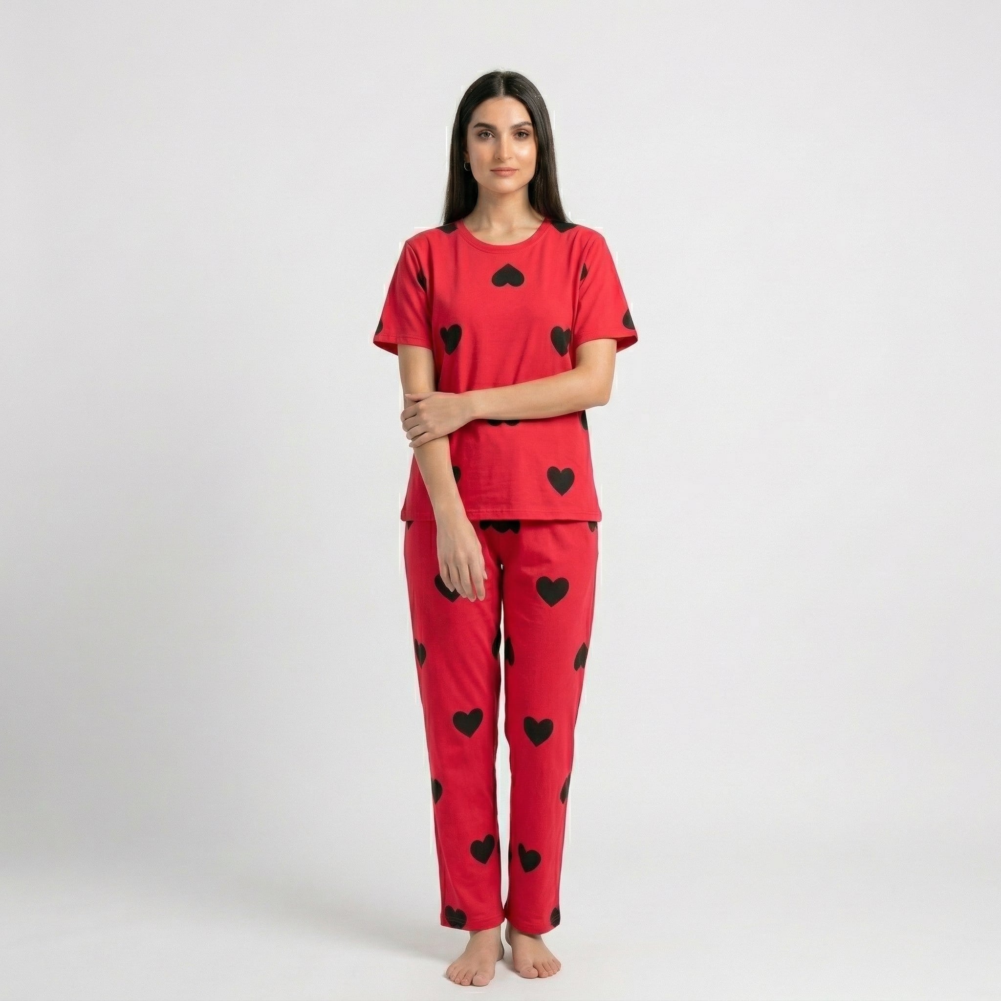 Black Multi Hearts Printed Night Suit
